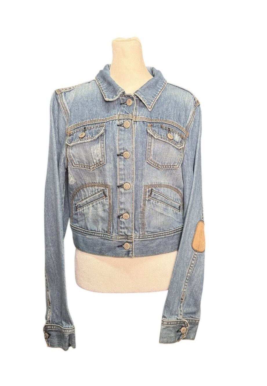 Old Navy Womens Y2K Cropped Denim Jacket Elbow Patches Vintage Indie Grunge Sz L